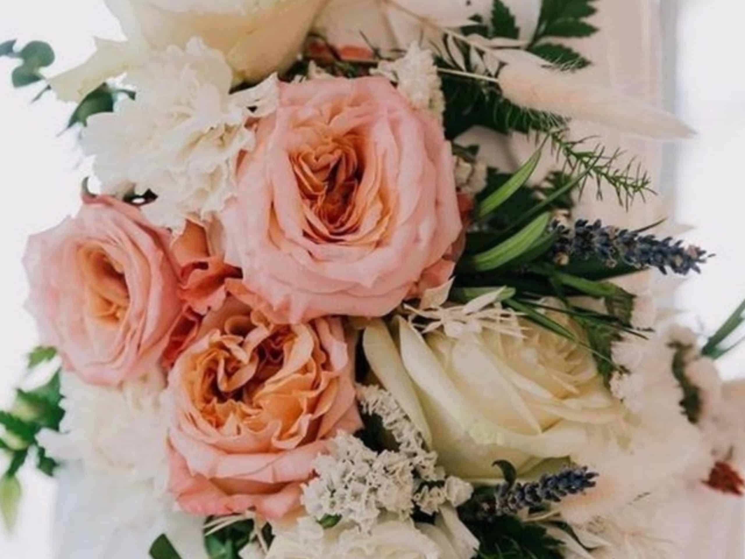 Blissful Royal Creations floral design — pink roses and lavender bouquet