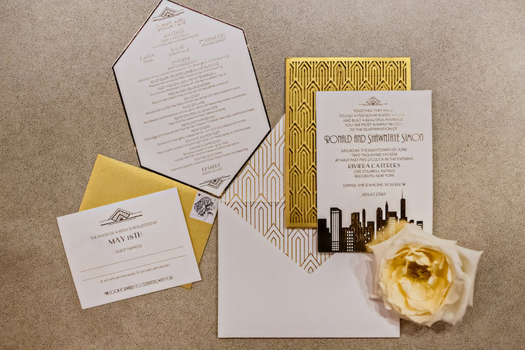 Set of art deco style wedding invitation and save-the-date card