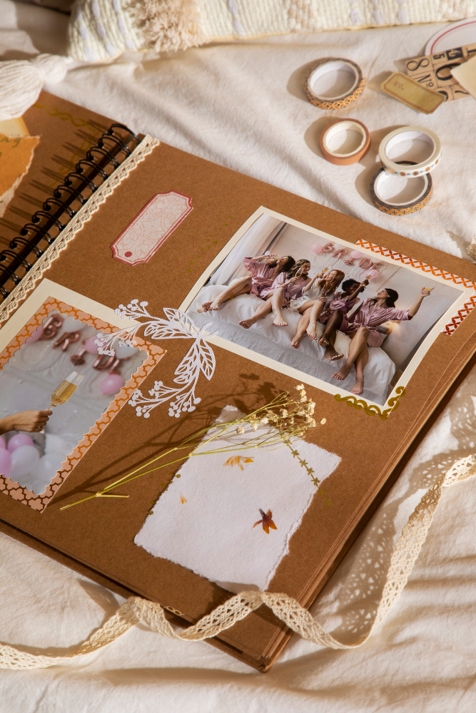 Photo album with an image of a bridal party wearing robes