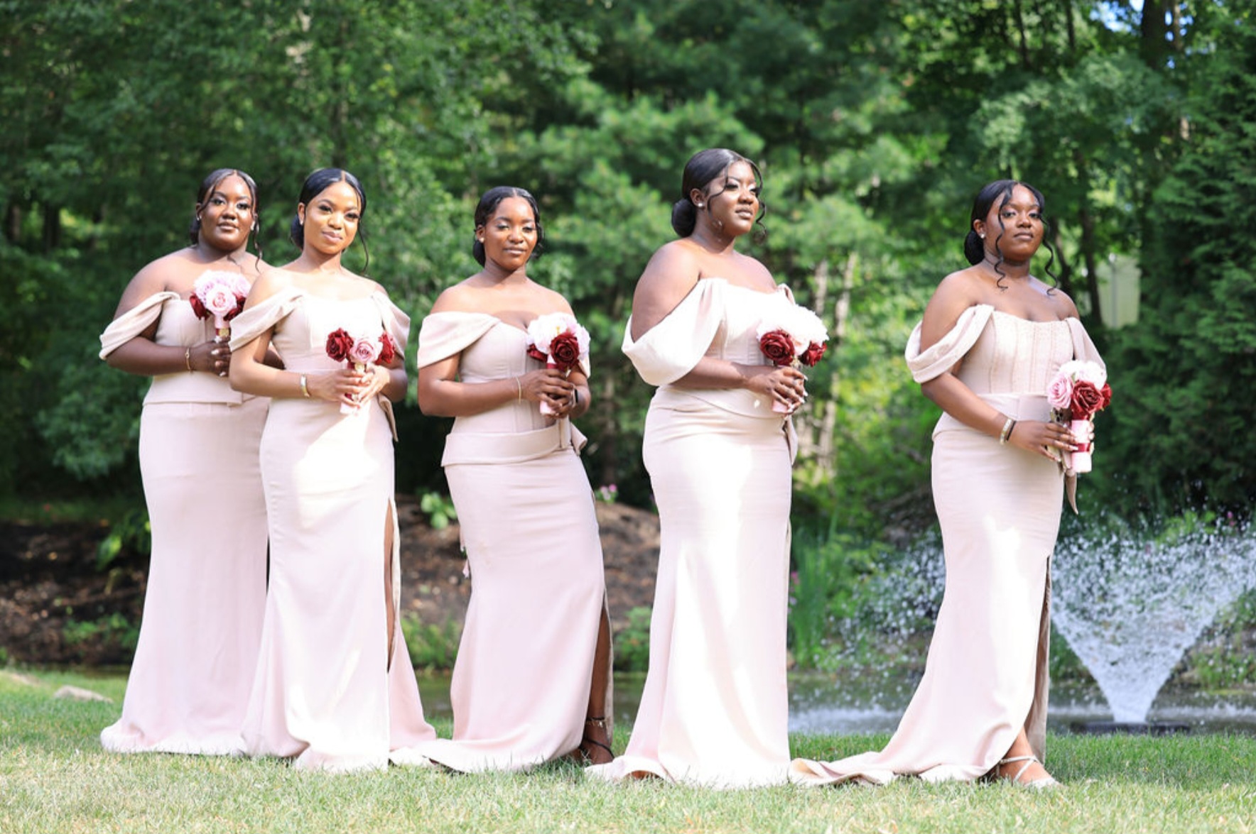A group of bridesmaid waiting for bride and having roses in their hands. wearing pink gown off shoulder elegent dresses.